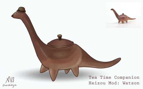 drawing of a teapot looking like a long necked and long tailed creature with four legs with a mustache and hat
